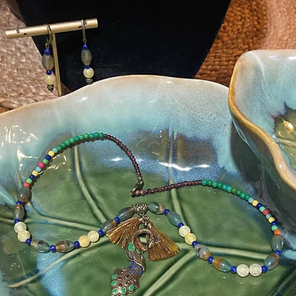 Handcrafted by Me Mumti Gemstone Boho Peacock Charm Necklace 20” with Earrings